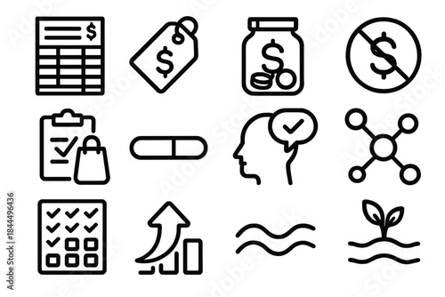 Healthy Money Habits Icons. Healthy Money Habits Icons linear set: weekly budget sheet, smart spending tag, savings jar, no-debt symbol, planned purchase icon, progress bar,