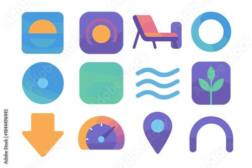 Mindful Spaces Icons. Calm & Mindful Spaces flat set: ambient glow tile, mindful pause node, soft-cushion bar, reflection ring, meditation mat dot, relaxation patch, gentle airflow