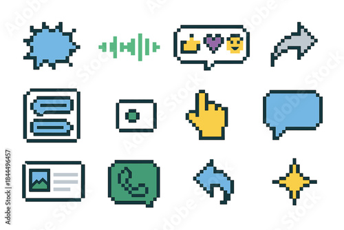 Modern Messaging Icons. Contemporary Messaging Set pixel style set: text burst, voice memo line, reaction panel, share arrow, threaded comment card, online status dot, quick tap