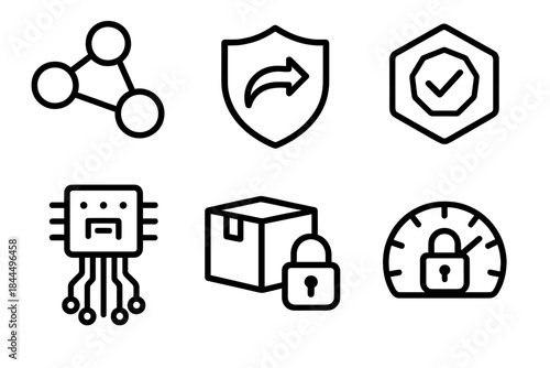 Logistics Icons Collection. Trusted Logistics Networks linear set: linked transport node, safe-transfer arrow, authenticity badge, secure data stream, cargo integrity tile,
