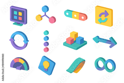 3D Isometric Collaboration Icons. Networked Collaboration Models flat isometric set: remote hub tile, shared-task node, multi-channel link bar, async flow cue, version-sync ring,