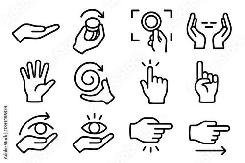 Instructional Hand Icons. Instructional Hand Motions linear set: lift-and-show gesture, rotate-object hand, zoom-in cue, compare-two-items gesture, count-on-fingers icon, clarify