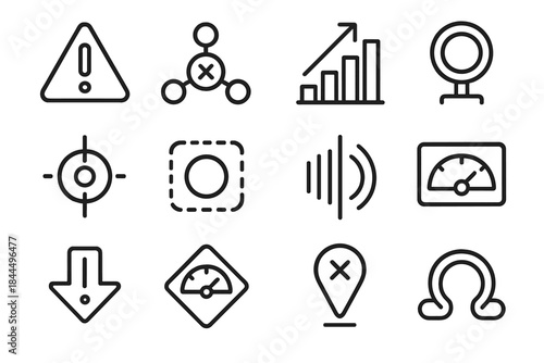 Dynamic Failure Indicators. Dynamic Failure Indicators linear set: warning signal tile, error node, spike bar, pressure ring, anomaly cue dot, vibration patch, signal stripe,
