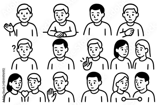 Body Language Icons. Conversational Body Language linear set: relaxed shoulders, open-hand gesture, leaning-in posture, thoughtful nod, curiosity eyebrow raise, agreement nod,
