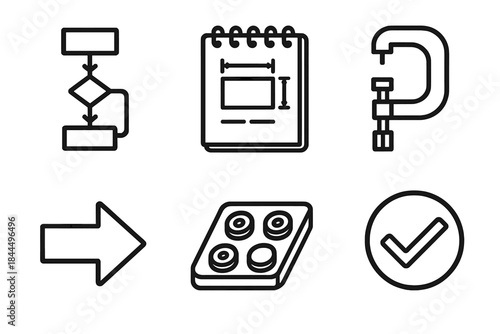 Engineering Tools Icons. Engineering Process Tools linear set: flowchart block, technical note pad, micro-measure gauge, build phase arrow, component tray, validation symbol.