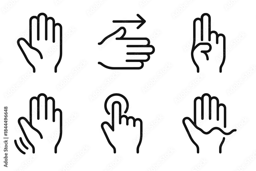 Obraz premium Air Gesture Icons. Air-Gesture Control Elements linear set: open hand, directional sweep, pause gesture, detection beam, trigger circle, interface wave.