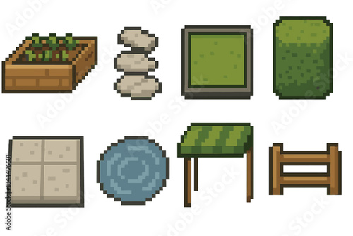 Garden Icons Set. Garden & Yard Features set of icons in flat pixel vector style: raised bed, stone step path, lawn frame, clipped hedge, patio slab, pond ripple, shade canopy,
