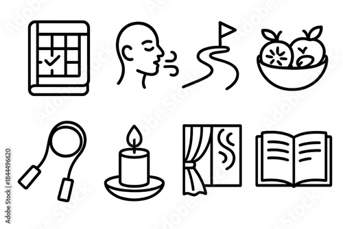 Daily Life Icons. Life Rhythm Essentials linear set: daily planner, mindful breath symbol, walk path, nourishing snack bowl, stretch band, calm candle, evening wind-down,