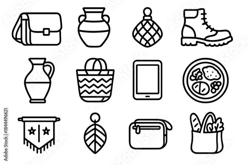 Lifestyle Elements Icons. Multilifestyle Elements linear set: commuter bag, village pot, ocean net float, summit boot, arid-climate jug, woven craft, digital notebook, shared meal