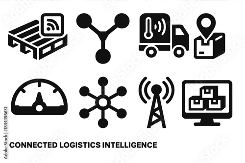 Logistics Icons Set. Connected logistics intelligence silhouette set: smart pallet tag, route optimization node, cargo sensor unit, fleet tracker, load balance gauge, hub connector