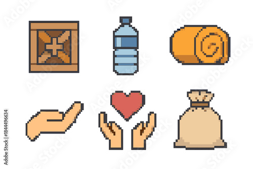 Relief Support Icons. Relief Support Elements set of icons in flat pixel vector style: aid crate, water bottle, blanket roll, giving hand, care symbol, resource bag.