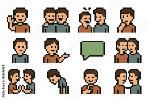 Positive Pixels Icons. Positive Social Signals set of icons in flat pixel vector style: greeting smile, cooperative stance, shared-laughter icon, understanding gesture, patient