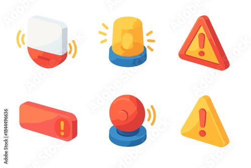 Isometric Security Icons. Security Alert Set isometric flat set: wall siren, status light, exclamation badge, alert banner, buzzer icon, attention marker.