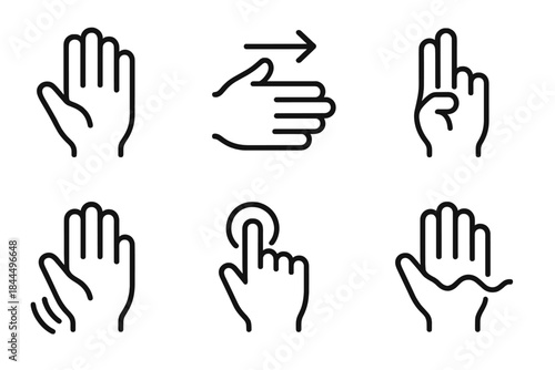 Air Gesture Icons. Air-Gesture Control Elements linear set: open hand, directional sweep, pause gesture, detection beam, trigger circle, interface wave.