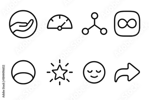 Simplicity Symbol Set. Simplicity & Enoughness Themes linear set: calm-hold emblem, essential-needs dial, content presence node, soft-limit token, balance-within circle, mindful
