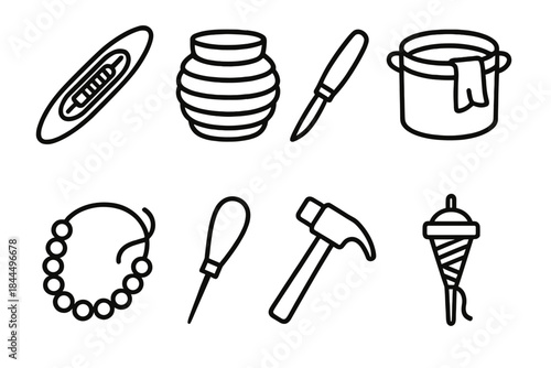 Craft Tool Icons. Artisanal Craft Techniques linear set: hand loom shuttle, clay coil pot, carving knife, dye vat, bead string, leather awl, metal hammer, spindle whorl.