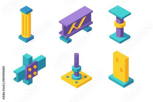Modern Structural Icons. Core Bearing Structures isometric flat set: pillar shaft, reinforced beam, deck support, joint connector, anchor plate, shear wall icon.