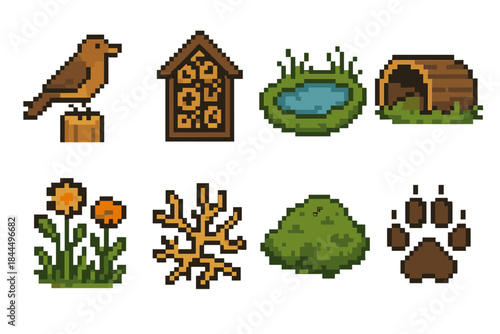 Biodiversity Icon Set. Biodiversity Support Features pixel style set: bird perch, insect hotel, small pond, log shelter, wildflower cluster, fungal network icon, moss patch, animal