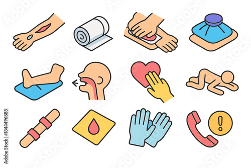 Isometric Emergency Icons. Emergency Care Elements isometric flat set: clean wound icon, gauze roll, compression step, cold compress, raised limb, airway symbol, heartbeat check,