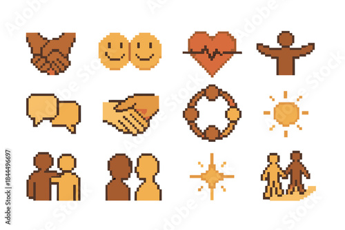 Human Connection Icons. Human Connection pixel style set: linked hands, shared smile, heart line, open arms, conversation bubbles, gentle touch, unity circle, warm glow, supportive