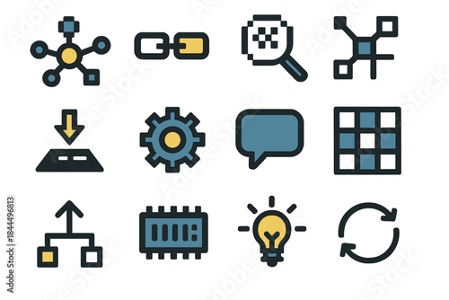 Cognitive System Icons. Cognitive System Set set of icons in flat pixel vector style: concept node, logic chain, feature detector, semantic web tile, inference marker, adaptive