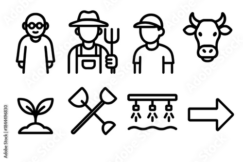 Farm Roles Icons. Intergenerational Farm Roles linear set: grandparent figure, parent farmer, youth helper, animal care icon, crop sprout, tool set, irrigation line, farm workflow