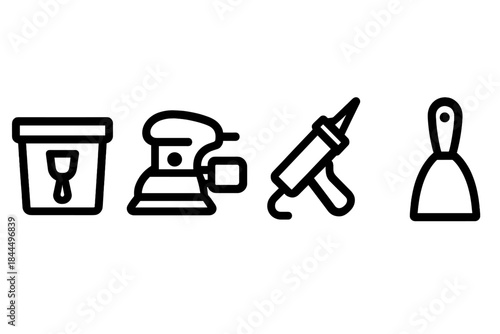 DIY Repair Tools. DIY Interior Repair Gear linear set: spackle tub, detail sander, gap-seal applicator.