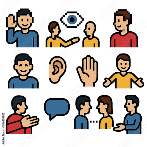 Social Cues Icons. Social Interaction Cues set of icons in flat pixel vector style: friendly wave, open posture icon, eye-contact symbol, attentive nod, smile gesture, active