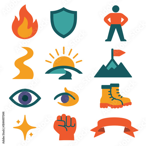 Symbols of Bravery. Bravery Symbols flat set: bold flame, upright shield, strong stance figure, rising sun, open path, determined eye, mountain peak flag, sturdy boots, focus spark
