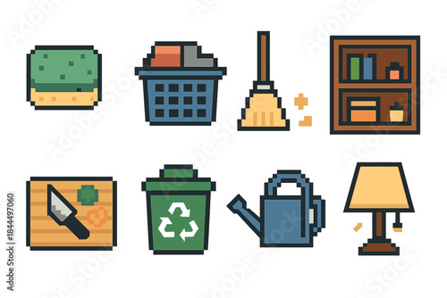 Home Care Icon Set. Home Care Routine pixel style set: dishwashing sponge, laundry basket, broom sweep, tidy shelf, meal prep board, recycling bin, plant watering can, evening