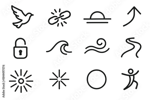 Freedom Icons Display. Freedom Icons linear set: open sky bird, breaking chain link, wide horizon line, soaring arrow, unlocked symbol, free-flow wave, wind swirl, open path,