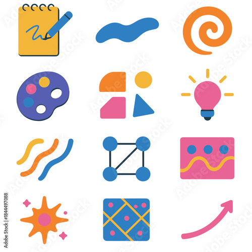 Creative Development Icons. Artistic Expression Development Icons flat set: sketchpad, paint stroke, motif swirl, creative palette, evolving shapes, inspiration beam, expressive
