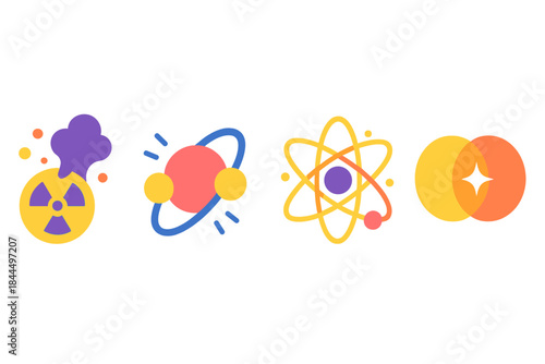 Atomic Icon Set. Unstable Atomic Processes flat set: decay plume, proton surge ring, critical reaction mote.