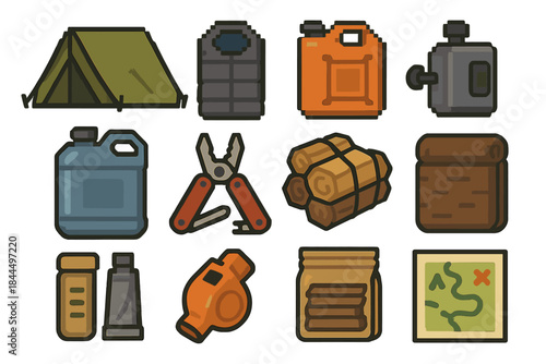 Survival Gear Icons. Sustained Outdoor Survival Set set of icons in flat pixel vector style: reinforced tent, cold-weather liner, backup fuel canister, hand-crank light, large