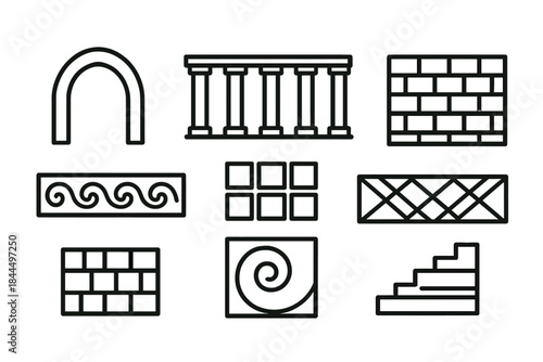 Architectural Motif Icons. Enduring Structure Motifs linear set: vaulted arch sweep, column cadence, stone bond mesh, beam lattice panel, ornamental frieze strip, modular block