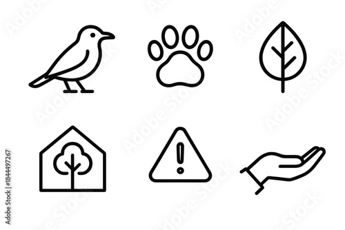 Endangered Species Icons. Endangered Species Awareness linear set: rare bird silhouette, gentle paw print, fragile leaf, habitat icon, warning triangle, conservation hand.