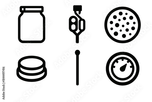 Fermentation Icon Set. Fermentation Essentials silhouette set: mason jar, bubble airlock, starter culture icon, sealing cap, stirring rod, fermentation dial.