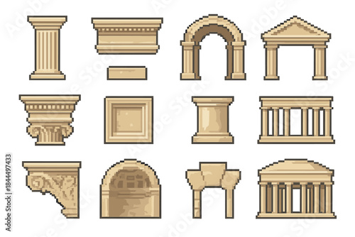 Pixel Art Architecture Icons. Classical Architecture Elements pixel style set: fluted column, entablature segment, arched portico, pediment triangle, cornice detail, coffered panel