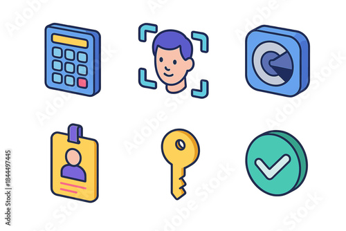 Identity Security Icons. User Identity Tools isometric flat set: passcode panel, facial scan frame, authenticator app icon, security badge, key symbol, confirm tick.