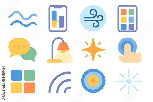 Vibrant Digital Balance. Healthy Digital Interaction flat set: soft wave, screen-time balance bar, calm breath icon, tidy home screen, friendly chat bubble, warm light, positive