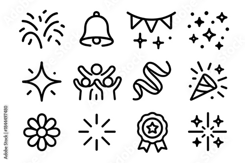 Festive Icon Collection. Joyful Gathering Kit linear set: confetti arc, celebration bell, festive flag, glitter dust field, sparkling linework, group cheer icon, bright ribbon,