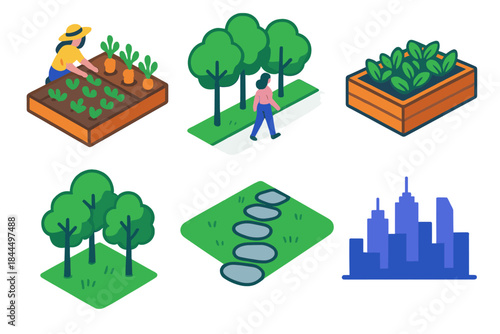 Urban Nature Icons. Cityside Nature Zones isometric flat set: shared garden patch, leafy walkway, raised bed, small grove, stone path, skyline silhouette.