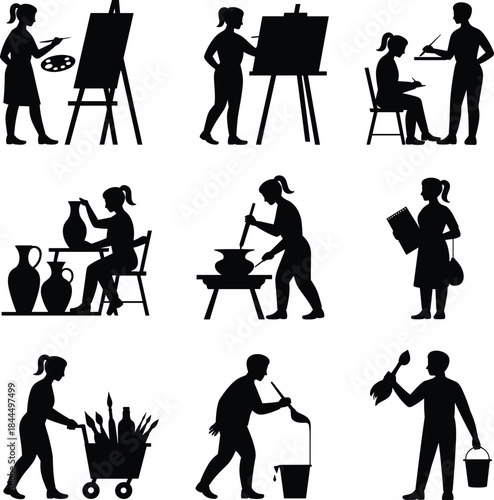 Creative profession silhouettes set, artists and craftsmen working, painting pottery gardening illustration, black and white vector collection for design