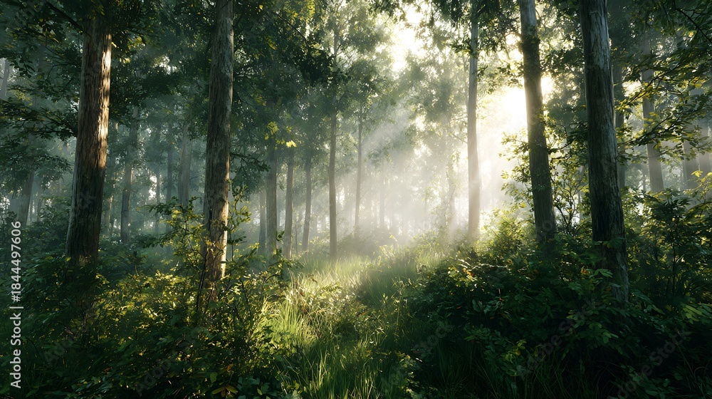 Obraz premium Forest landscape with morning mist and soft sunlight filtering through trees