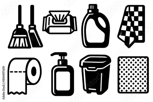 Bold Home Icons. Everyday Home Essentials Set silhouette set: broom and dustpan, disinfecting wipes pack, fabric softener bottle, dish towel, toilet paper roll, hand soap pump,