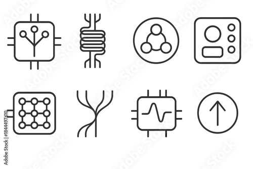 Bio-Mimetic Technology Icons. Bio-mimetic processing units linear set: neural node tile, adaptive signal coil, bio-inspired circuit loop, sensory input pad, pattern recognition