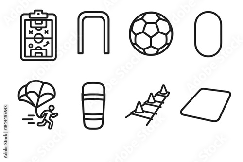 Soccer Training Tools. Soccer Development Kit linear set: tactic magnet board, dribbling gate, soft training ball, stride marker, speed parachute, keeper pad, cone ladder, cooldown