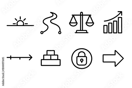 Stability Planning Icons. Long-Term Stability Planning linear set: horizon line, steady path, balance scale, resilience bar, future timeline, foundation block, security ring,