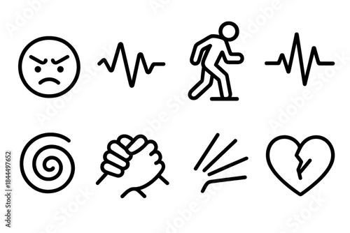 Emotional Tension Symbols. Emotional Tension Symbols linear set: furrowed brow, shaking line, hesitant step, flutter pulse, uneasy swirl, clenched hands, sharp breath mark,