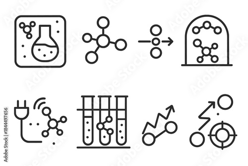 Molecular Synthesis Icons. Molecular synthesis ecosystems linear set: reaction vessel tile, catalyst node, reagent flow bar, molecular assembly arc, energy input icon, product